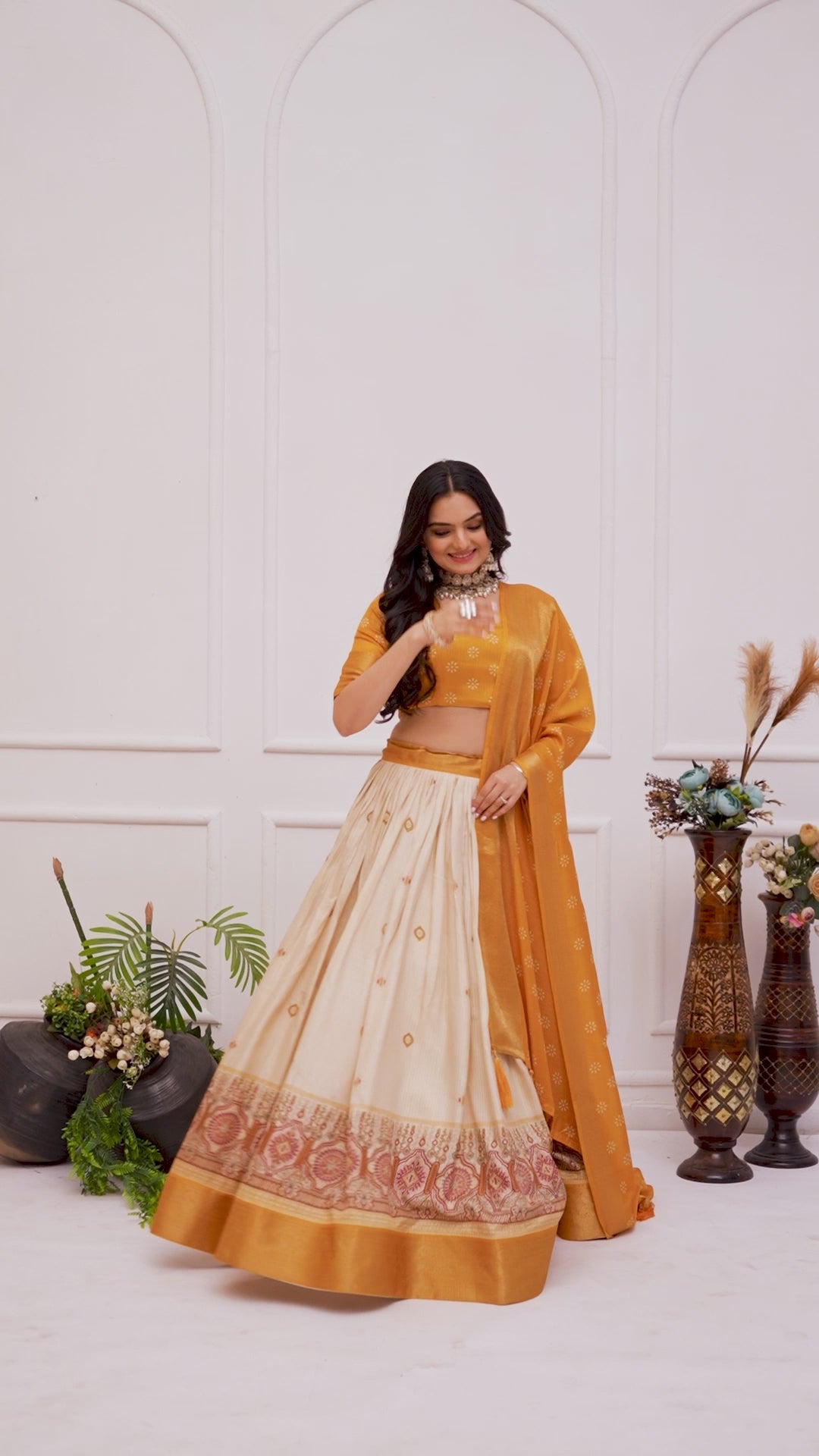 Mustard Yellow & Beige Lehenga Choli Set with Dupatta – Traditional Wear