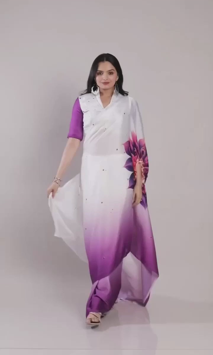 White & Violet Ombre Saree with Bold Floral Accent