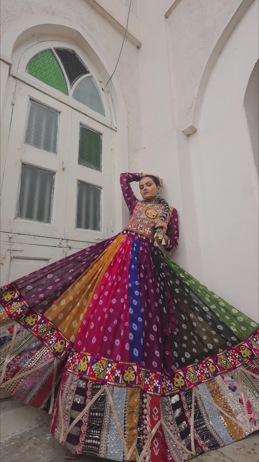 Vibrant Rainbow Bandhani Navratri Dress with Kutchi Mirror Work