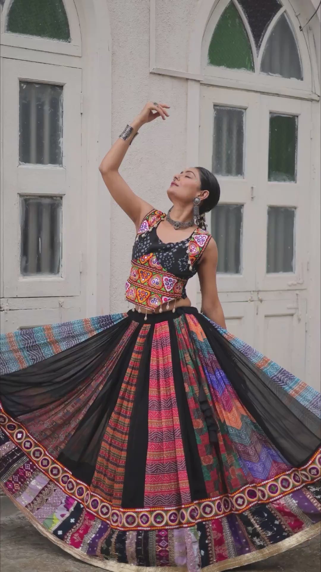 Black & Multi-Color Navratri Ghagra Choli with Embroidery and Traditional Patchwork  Description: