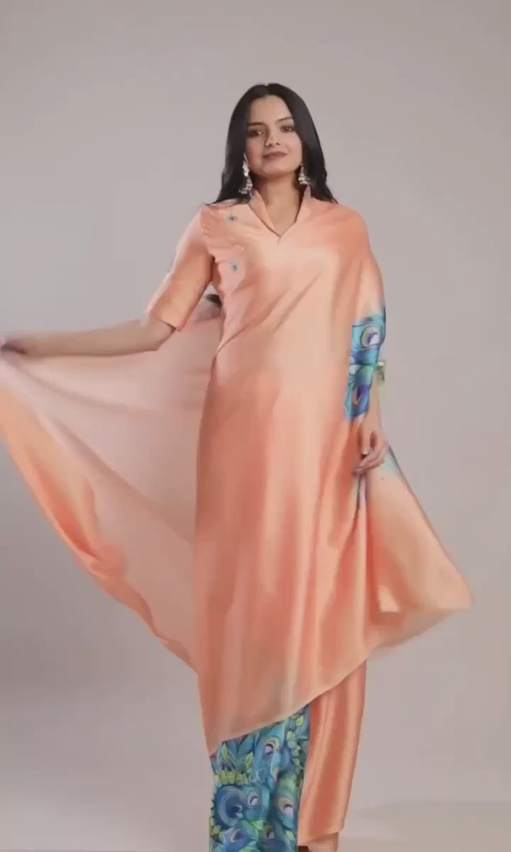 Peach Silk Saree with Peacock Feather Print