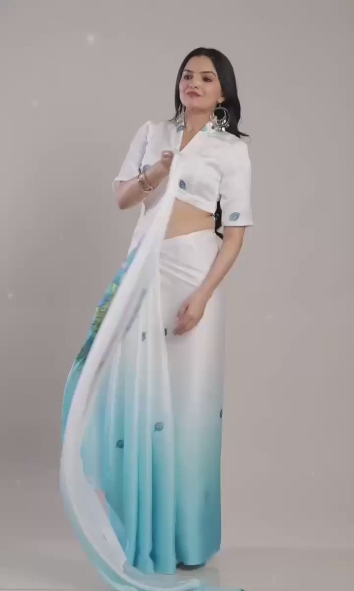 White & Aqua Blue Ombre Saree with Peacock Feather Art