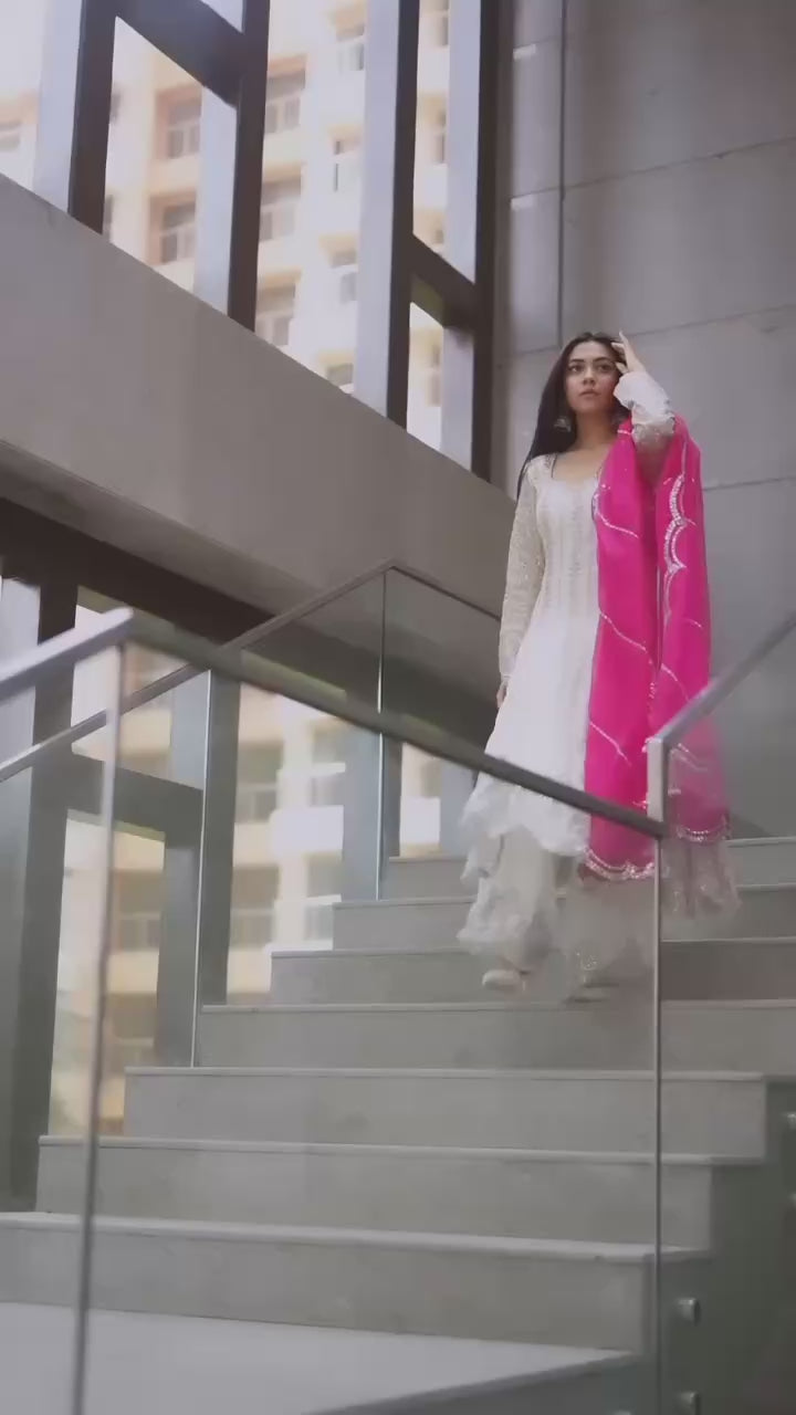 Zoya Embroidered Anarkali Set – White Rose & Rani Pink