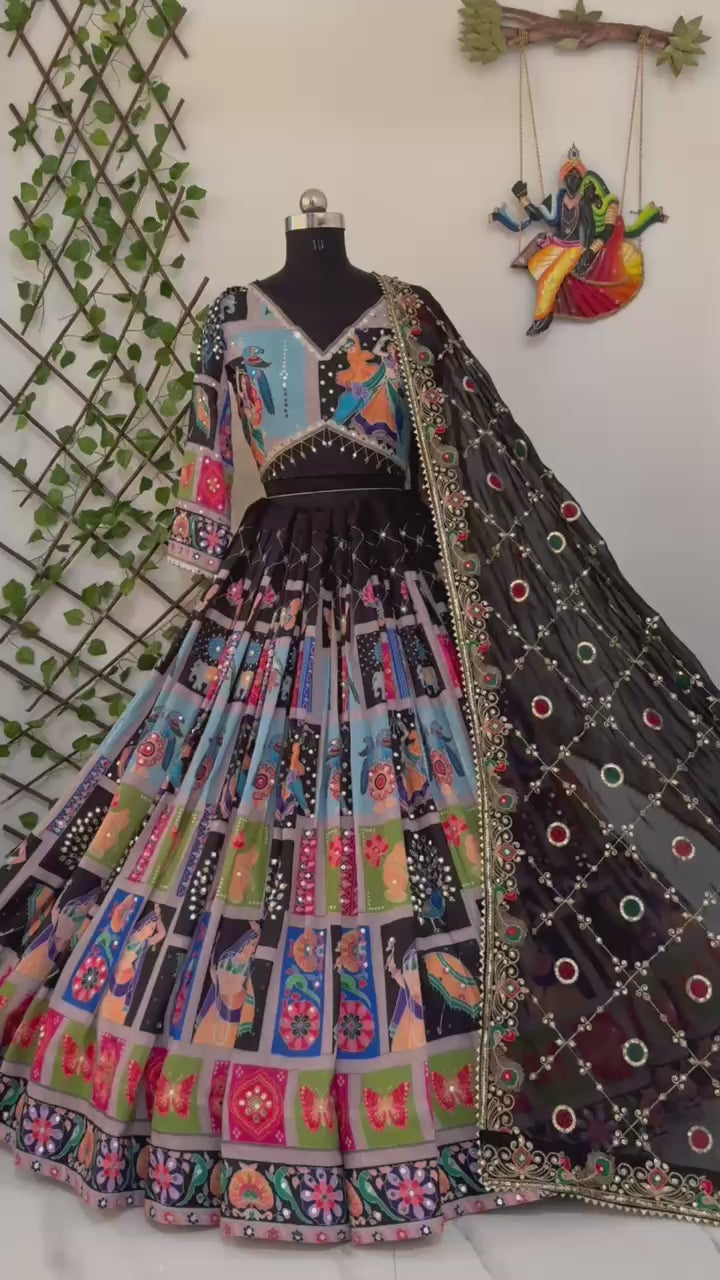 Royal Multicolor Hand-Embroidered Navratri Ghagra Choli with Black Dupatta