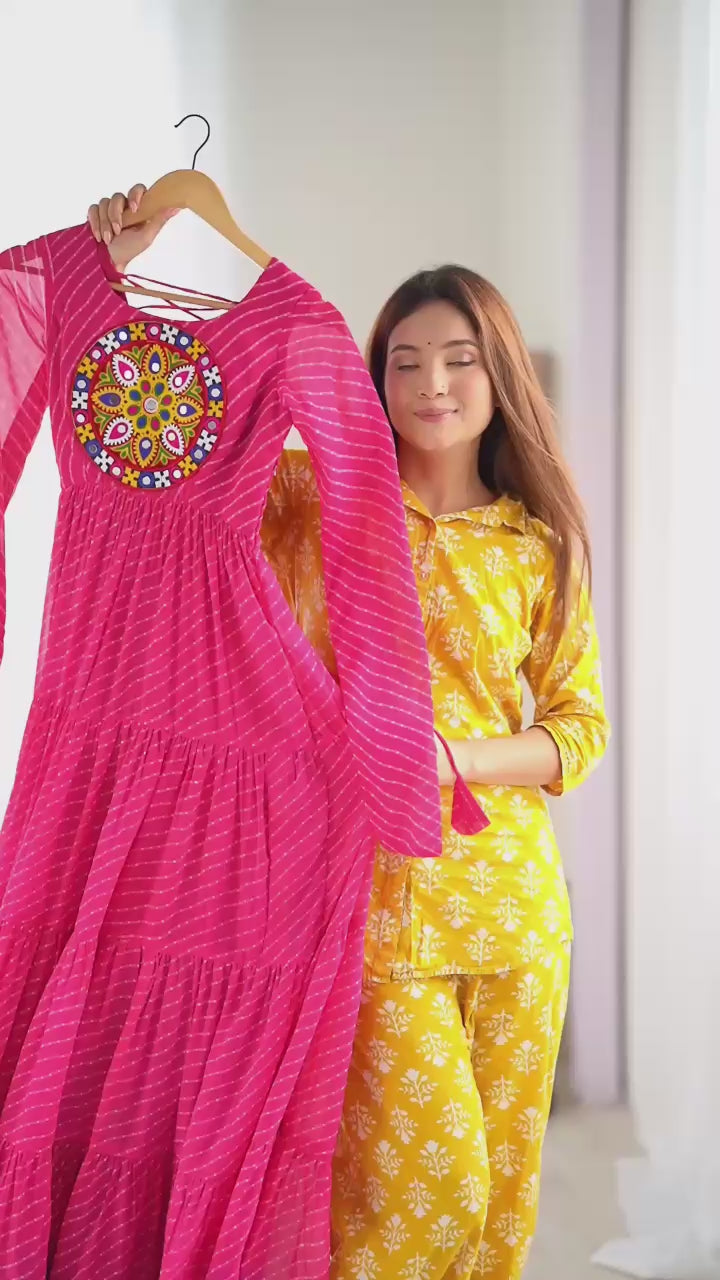 Bandhani Maxi Dress with Traditional Mirror Work