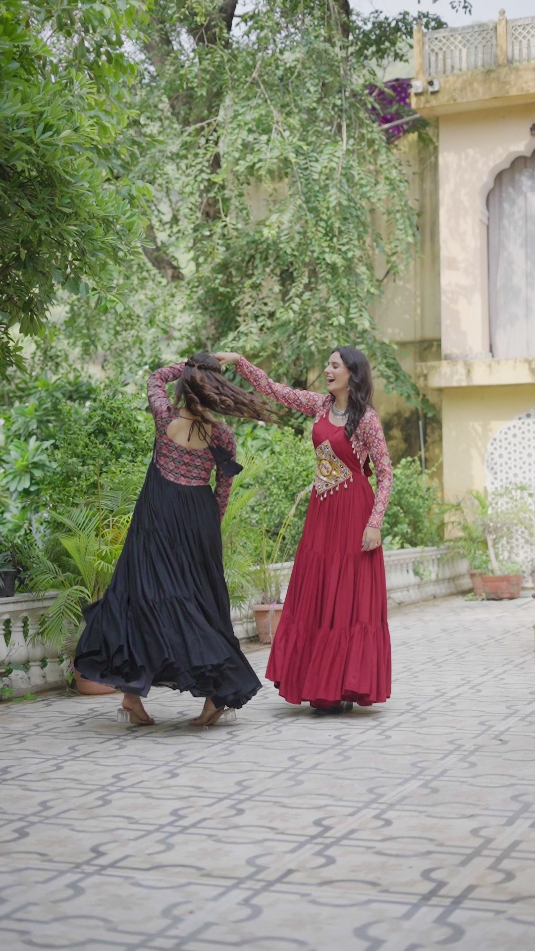 Festive Tiered Mirror Work Gowns in Maroon & Black