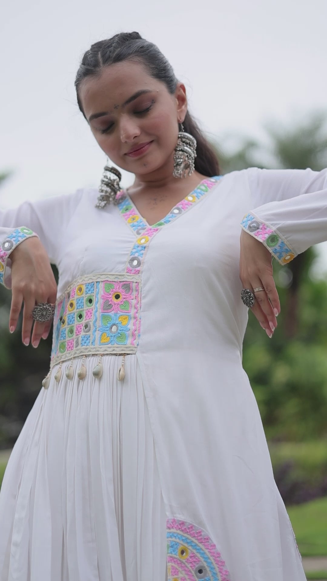 White Mirror Work Anarkali Gown with Soft Pastel Embroidery