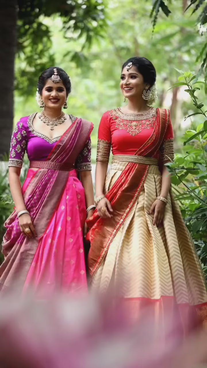 Pink Kanjivaram Silk Zari Lehanga With Blouse Along With Ban