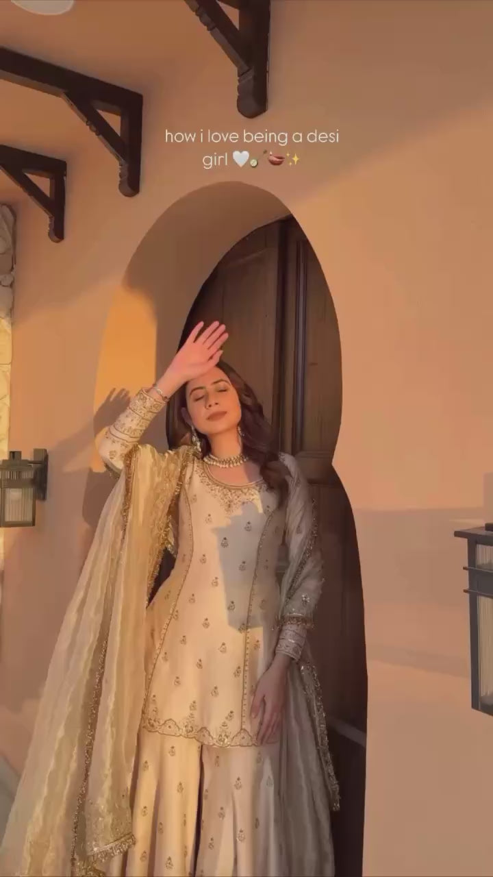 Ivory Gold Traditional Sharara Set with Hand Embroidery